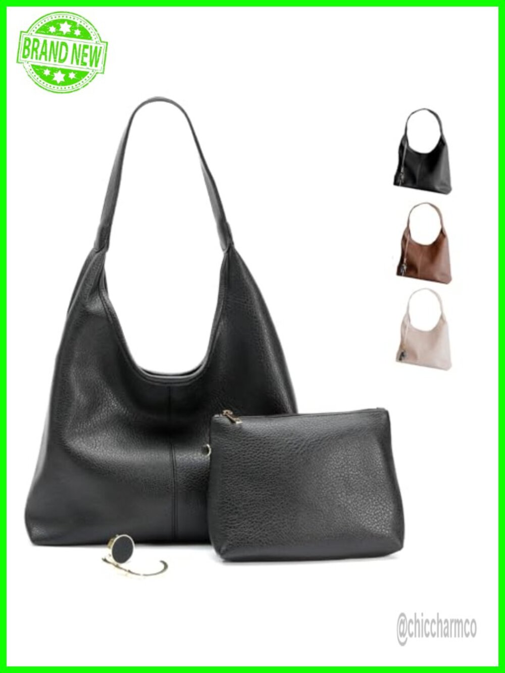Vegan Leather Slouchy Hobo Bag with Zippered Pockets & Shoulder Strap
